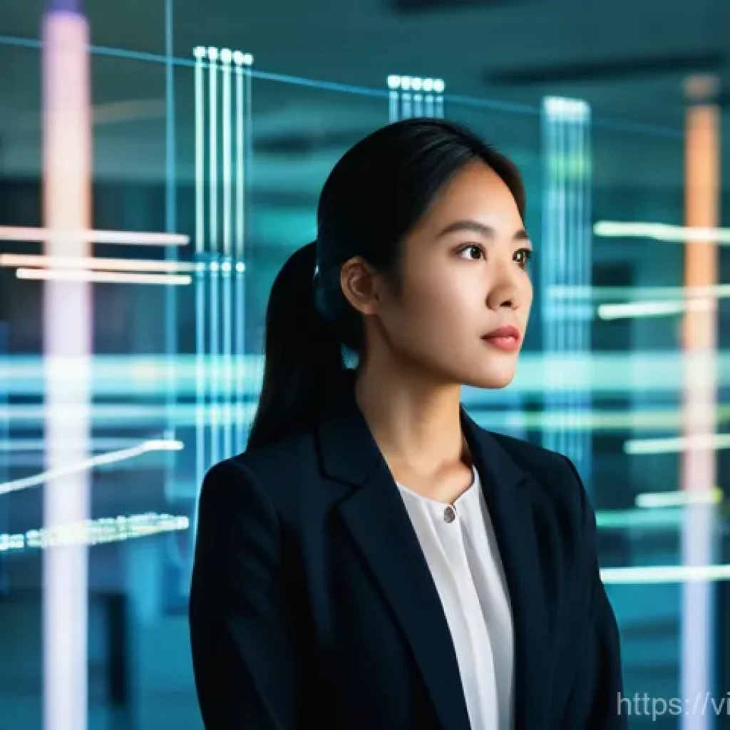 의식적 기술 사용에서의 피드백 문화 - A thoughtfully composed image of a young Vietnamese woman, elegantly dressed in business casual atti...