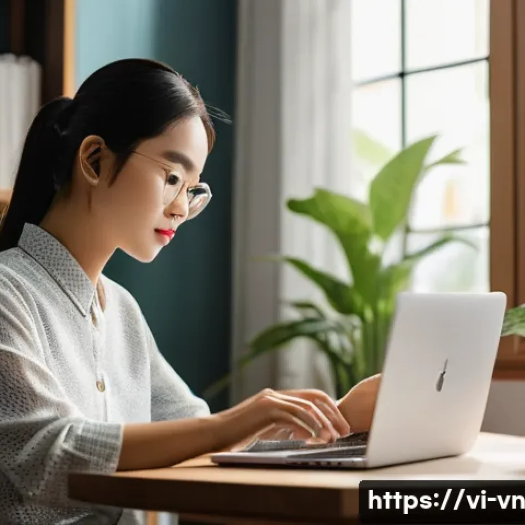 의식적 기술 사용의 이점 - A modern Vietnamese home office scene with a young Vietnamese woman sitting at a tidy desk, using a ...