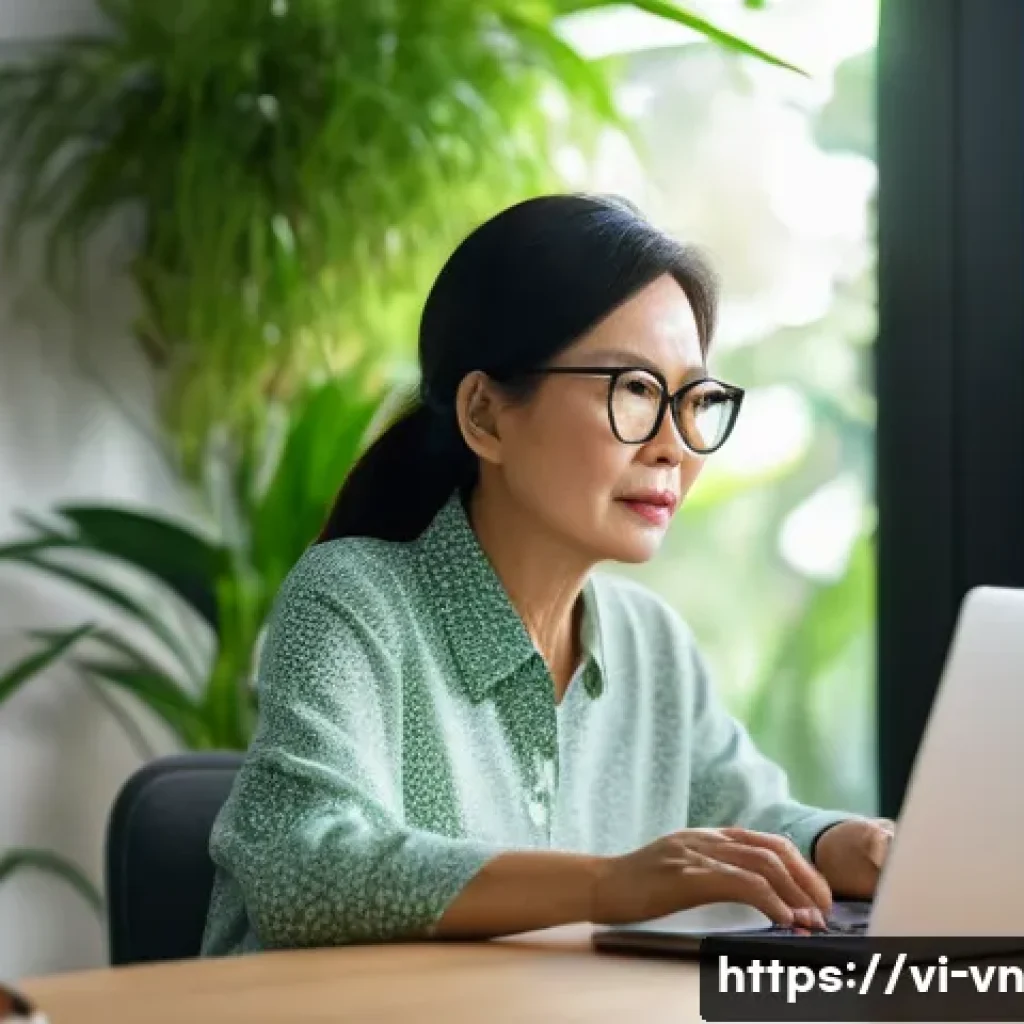 의식적 기술 사용의 심리적 장애물 - A Vietnamese middle-aged woman sitting at a desk in a cozy home office, cautiously looking at her la...