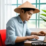 Home 22 의식적 기술 사용과 목표 달성 - A modern Vietnamese home office scene in the morning light, featuring a young Vietnamese professiona...