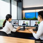 Home 21 의식적 기술 사용을 통한 동료 지원 - A modern Vietnamese office environment with a diverse team of professionals collaborating remotely v...