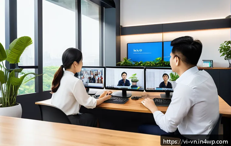 의식적 기술 사용을 통한 동료 지원 - A modern Vietnamese office environment with a diverse team of professionals collaborating remotely v...