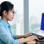Home 19 의식적 기술 사용의 목표 달성 방법 - A Vietnamese young professional woman working at a modern ergonomic home office setup in Hanoi, usin...