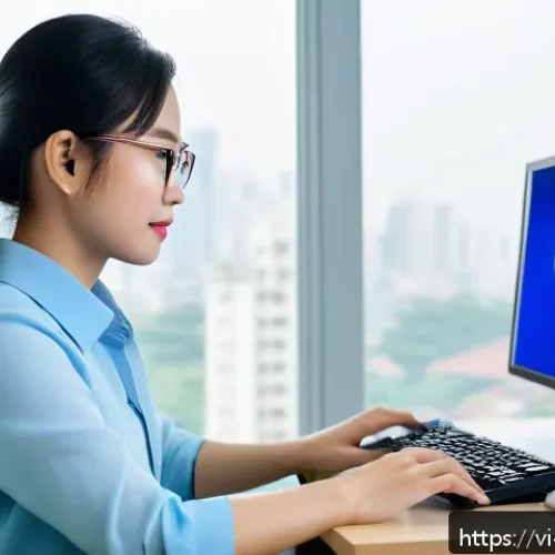 Home 31 의식적 기술 사용의 목표 달성 방법 - A Vietnamese young professional woman working at a modern ergonomic home office setup in Hanoi, usin...