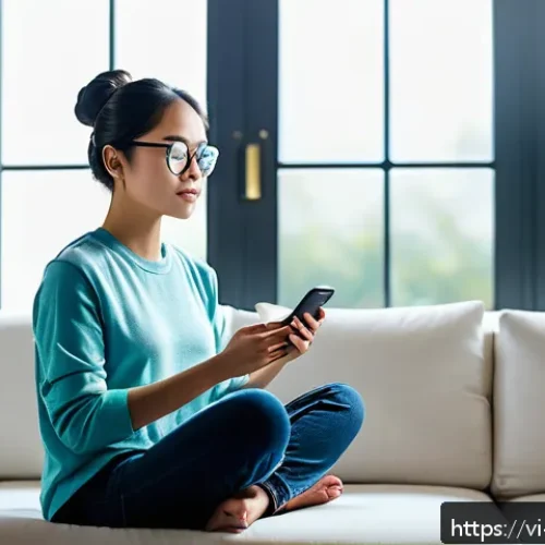 Home 30 의식적 기술 사용과 자기 인식 향상 - A young Vietnamese woman sitting peacefully in a modern living room, using a sleek smartphone app fo...