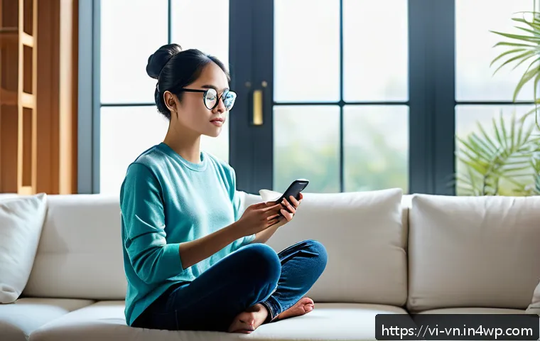 의식적 기술 사용과 자기 인식 향상 - A young Vietnamese woman sitting peacefully in a modern living room, using a sleek smartphone app fo...