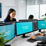 Home 23 의식적 기술 사용의 성공 사례 - A modern Vietnamese office environment showcasing a diverse group of employees collaboratively exper...