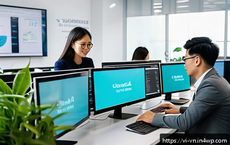 의식적 기술 사용의 성공 사례 - A modern Vietnamese office environment showcasing a diverse group of employees collaboratively exper...